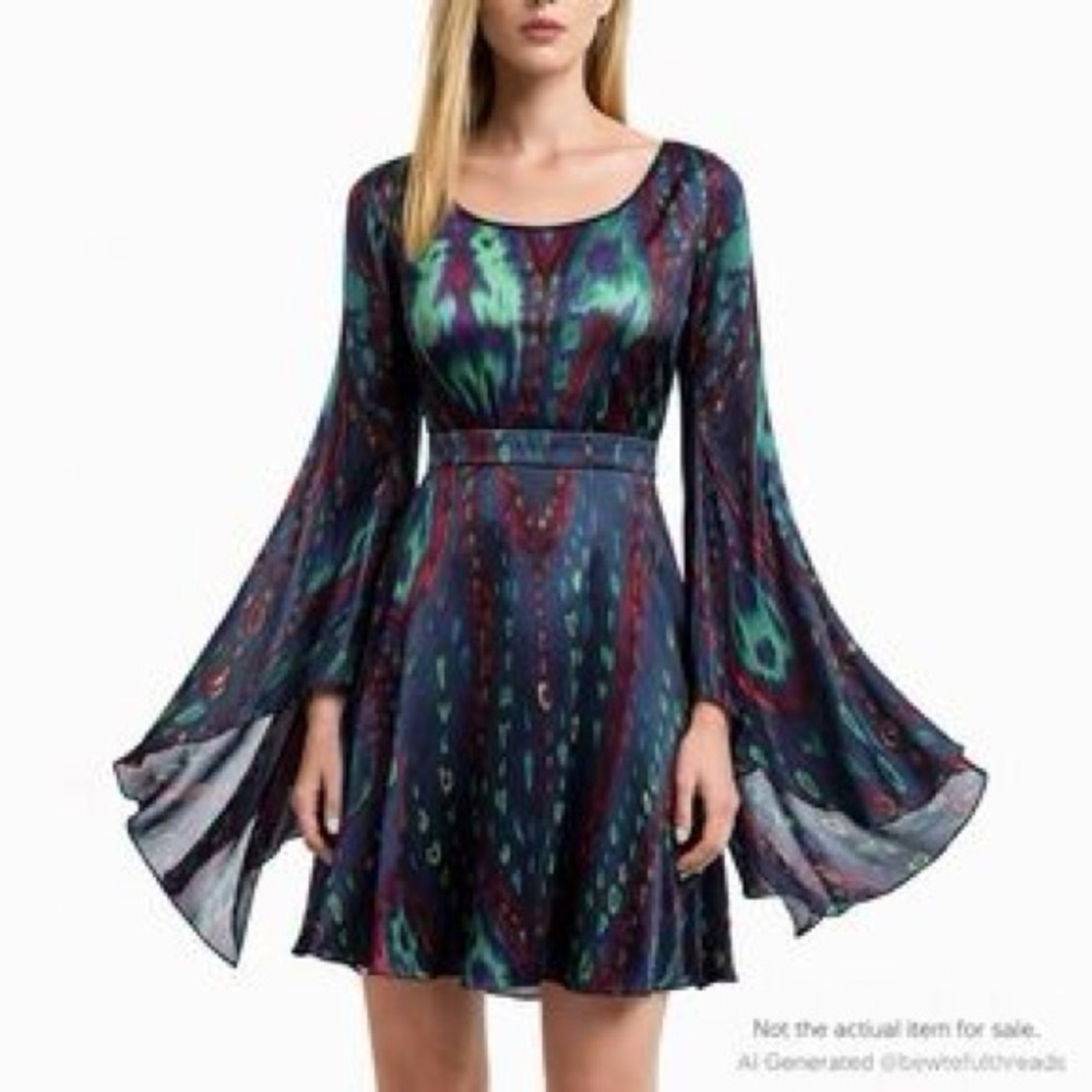 Guess by Marciano Navy Green Purple Ikat Bell-Sleeve Mini Dress